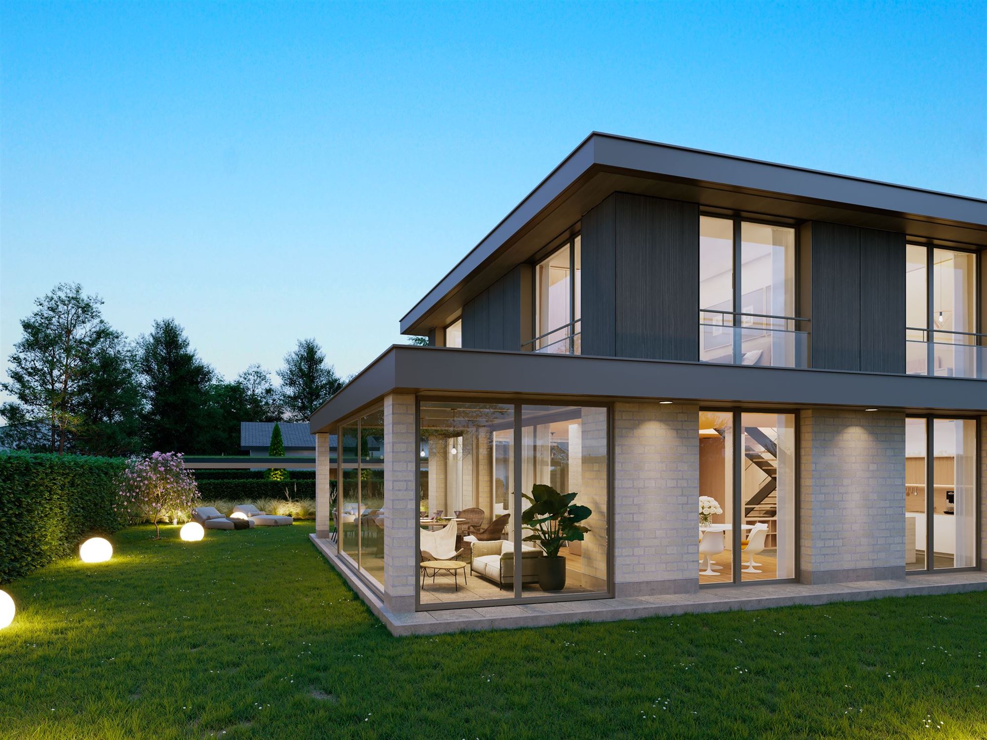 Villa contemporaine STATERRA au crépuscule, façade vitrée ouverte sur un jardin arboré